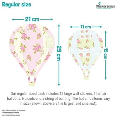 vintage hot air balloon wall stickers size guide for regular size pack showing size of balloon wall stickers