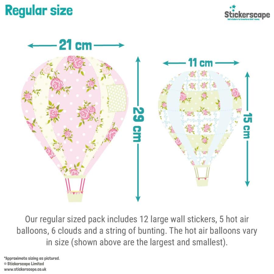 vintage hot air balloon wall stickers size guide for regular size pack showing size of balloon wall stickers