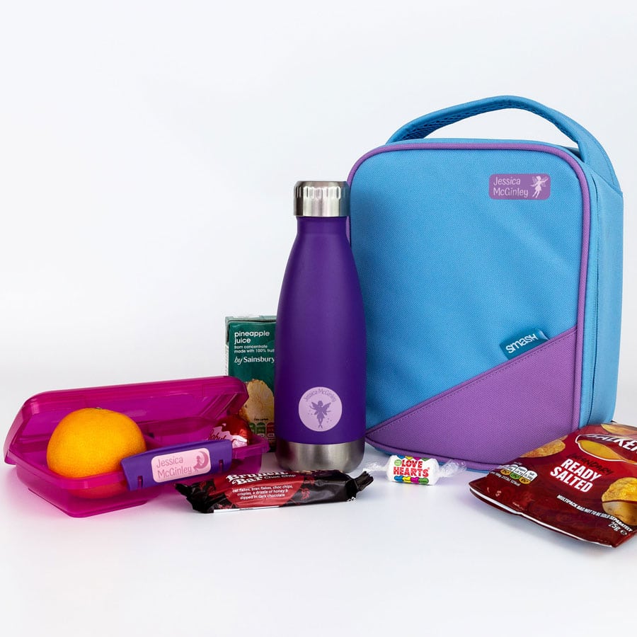 fairy stick on name labels on water bottle and lunch bag