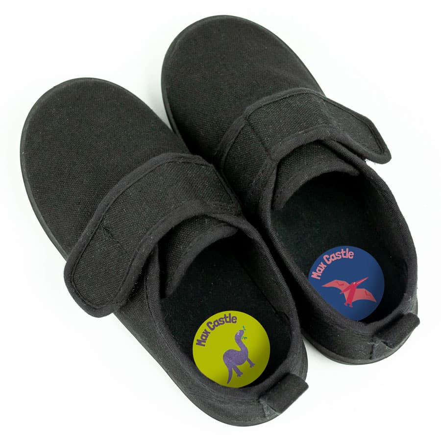 dinosaur stick on name labels in shoes