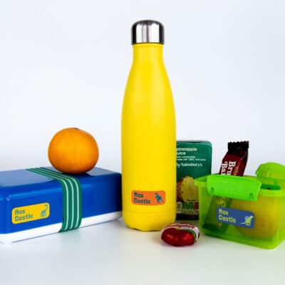 dinosaur stick on name labels on a water bottle and tupperware