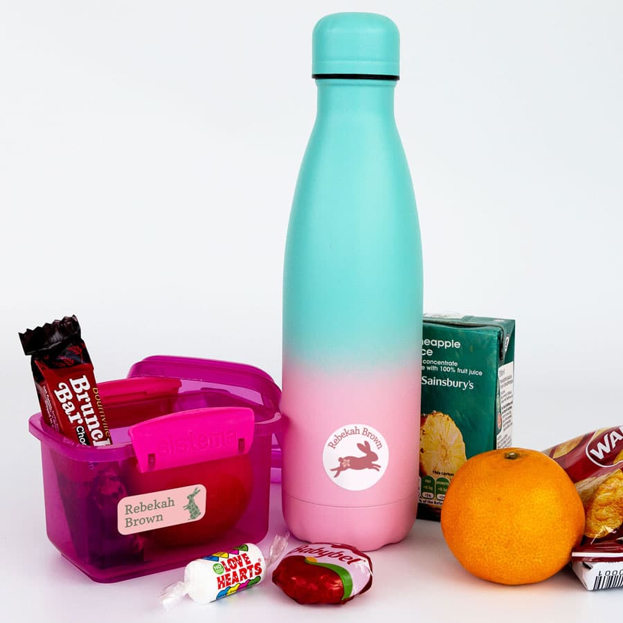 Bunny Stick On Name Labels on water bottles and lunch box