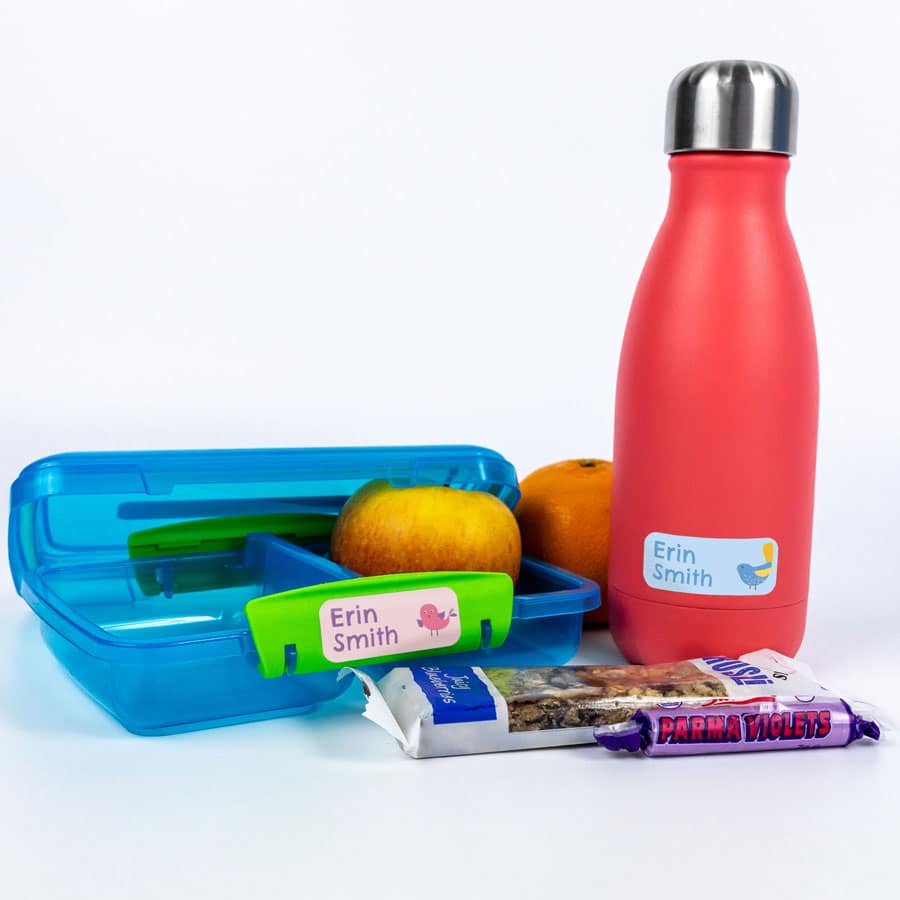 Birds Name Labels on water bottle and lunch box