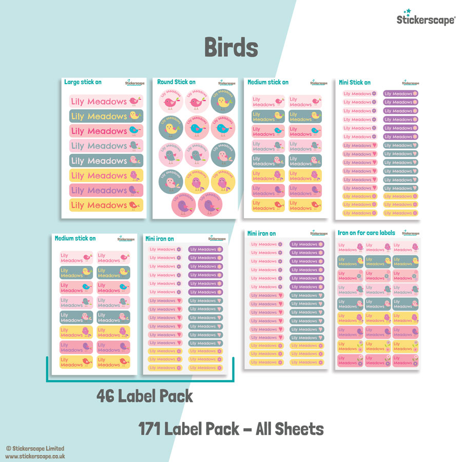 Birds school name labels mixed name label pack