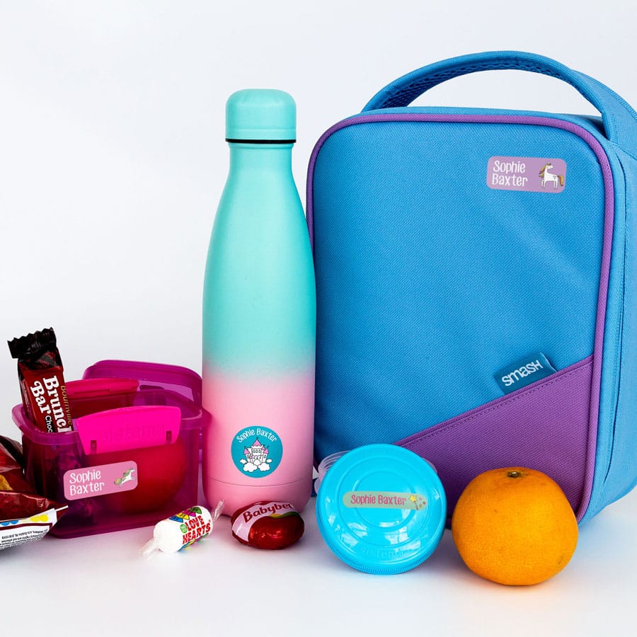 Unicorn Name Labels on a lunch bag and water bottle
