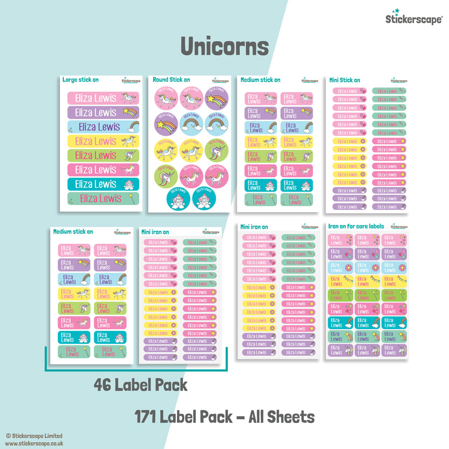 Unicorn school name labels mixed name label pack