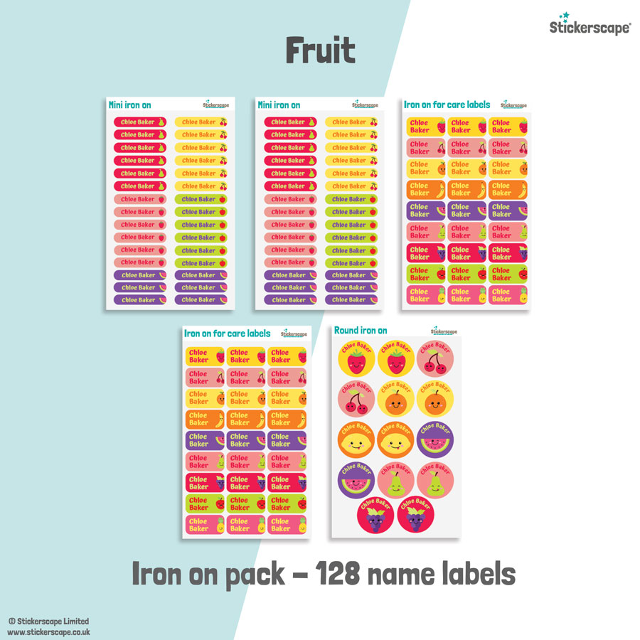 Fruit school name labels iron on pack