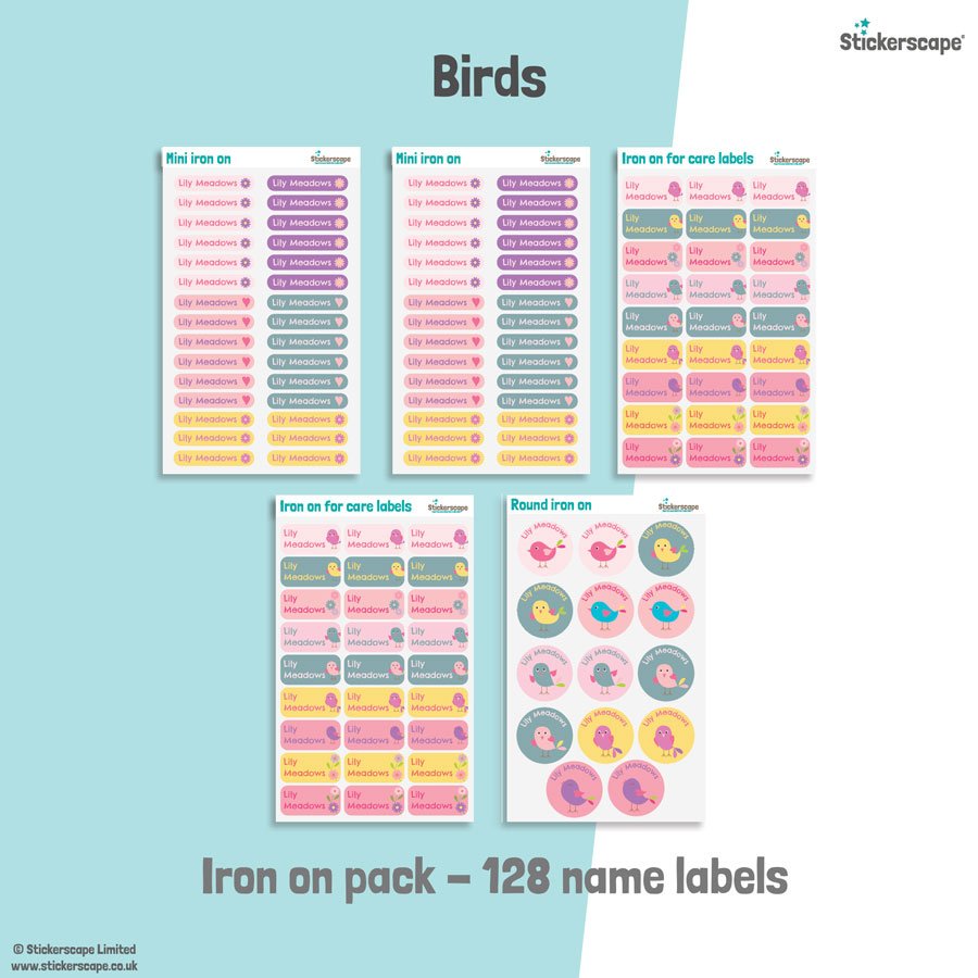 Birds school name labels iron on pack