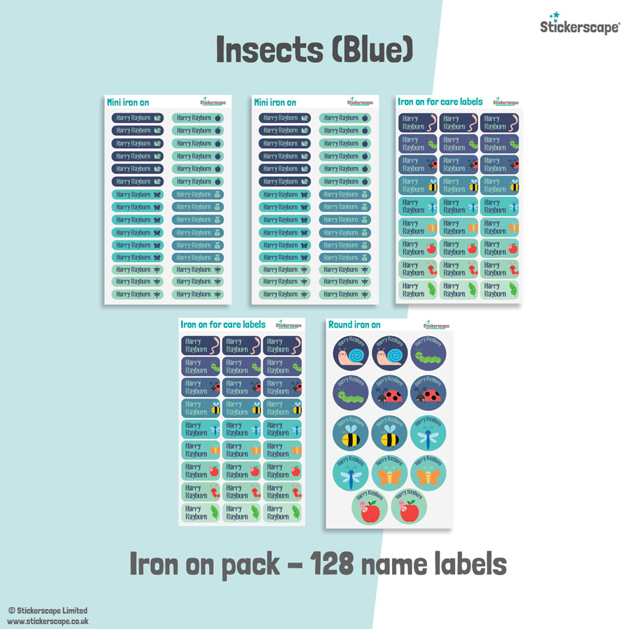 insects (blue) iron on name labels sheet layout