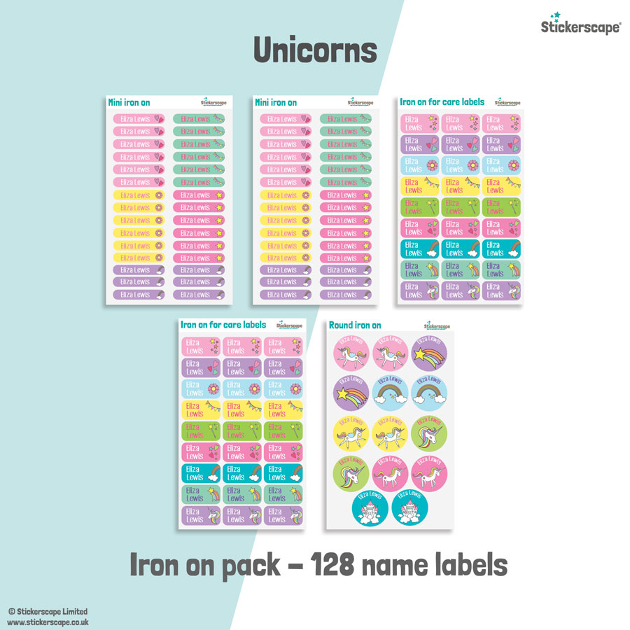 Unicorn school name labels iron on pack