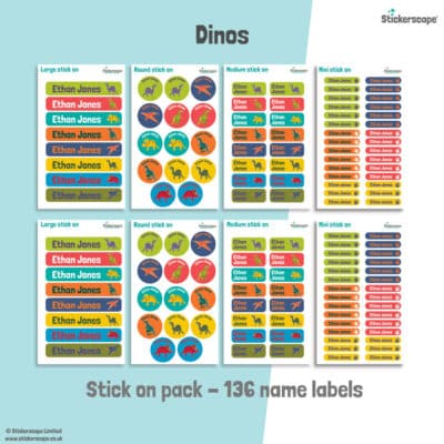 dino stick on name labels sheet layout