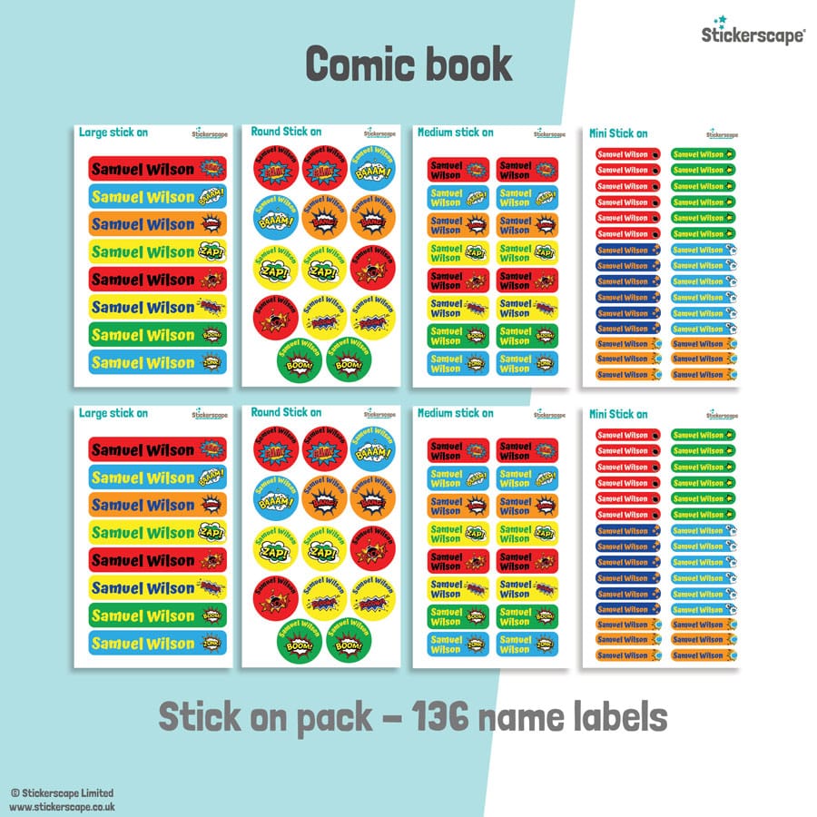 comic book stick on name labels sheet layout