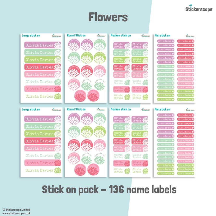 Flowers stick on name labels sheet layout