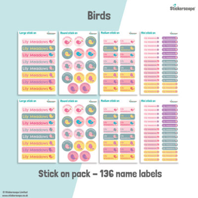 Birds school name labels stick on name label pack
