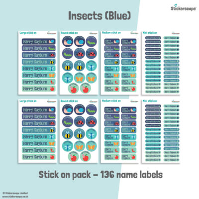 Insects (Blue) stick on name labels sheet layout