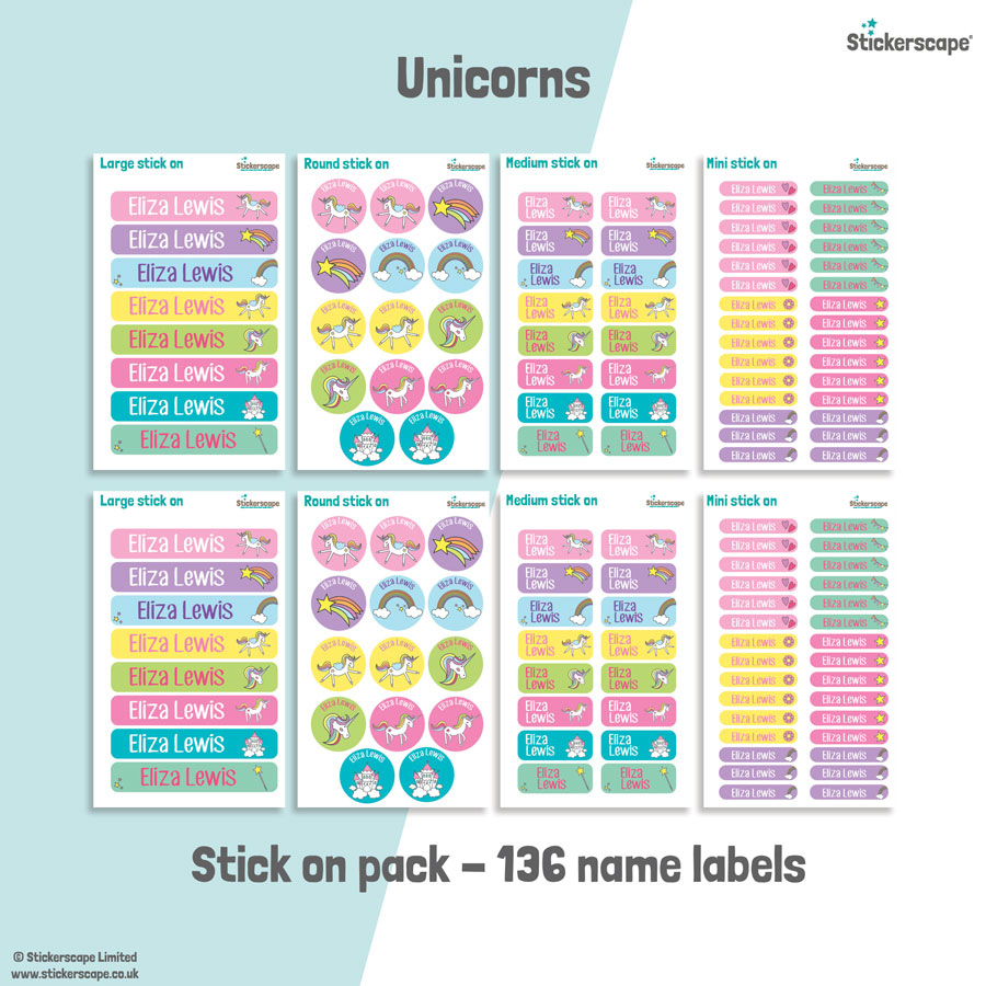 Unicorn school name labels stick on name label pack