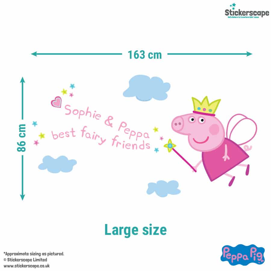 Personalised Fairy Peppa Pig Wall Sticker showing the size of the large size pack