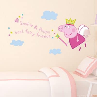 Personalised Fairy Peppa Pig Wall Sticker above a child's bed in a child's bedroom