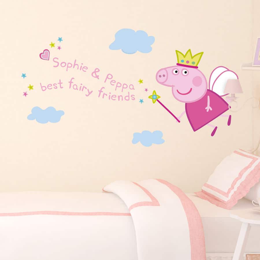 Personalised Fairy Peppa Pig Wall Sticker above a child's bed in a child's bedroom