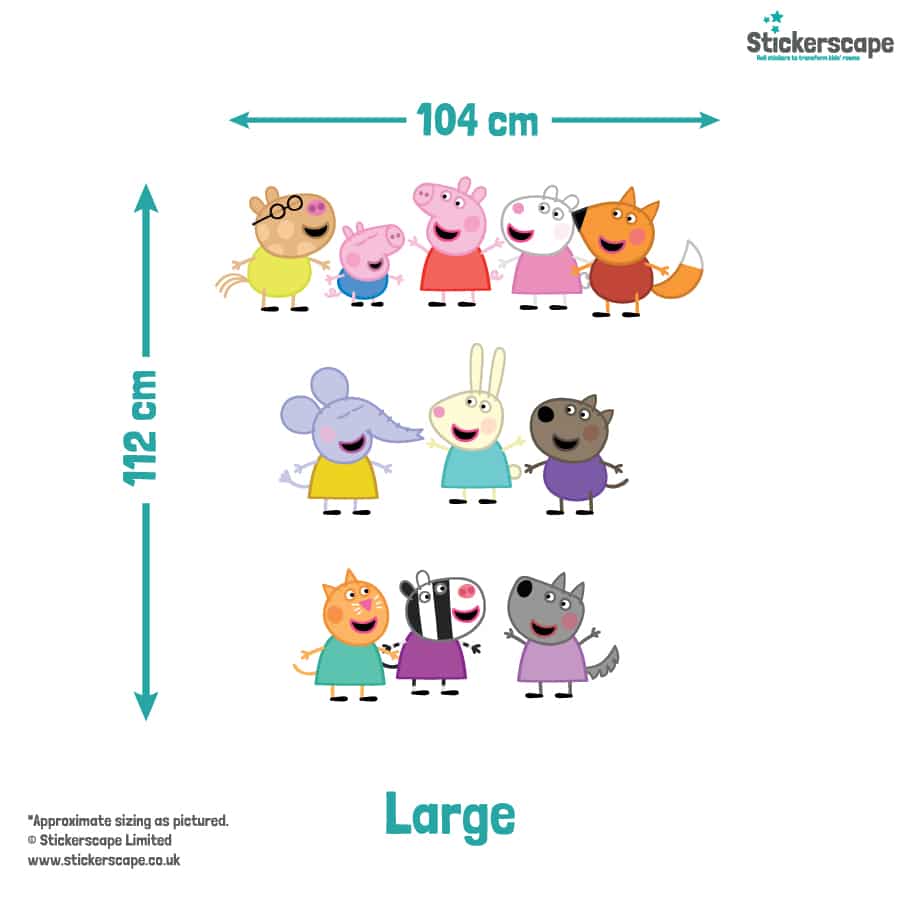 Peppa Pig and Friends Wall Sticker (Large size) with dimensions