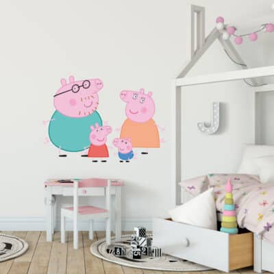 Peppa Pig and Family Wall Sticker in a bedroom on a white wall