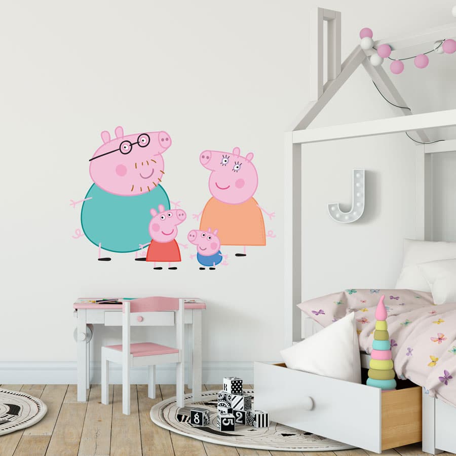 Peppa Pig and Family Wall Sticker in a bedroom on a white wall