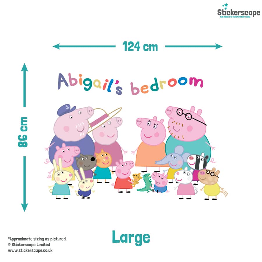 Personalised Peppa Pig and Family Wall Sticker (Large size) with size dimensions