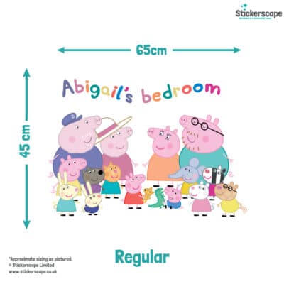 Personalised Peppa Pig and Family Wall Sticker (Regular size) with size dimensions