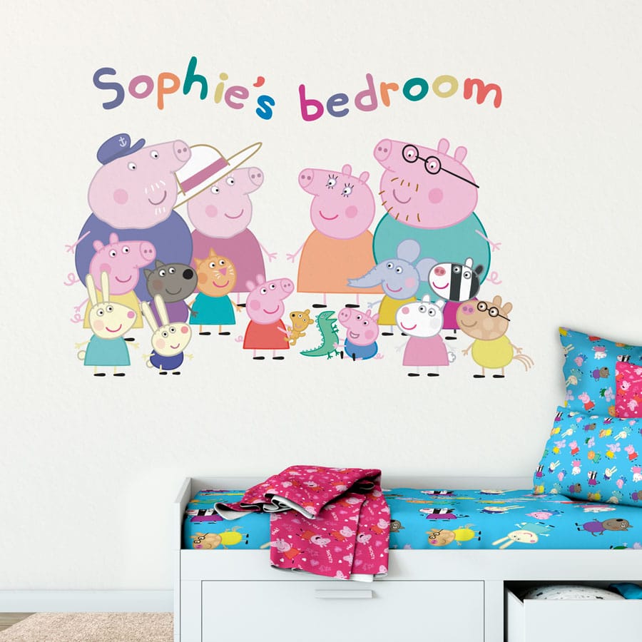 Personalised Peppa Pig Family wall sticker in large size on a child's bedroom wall