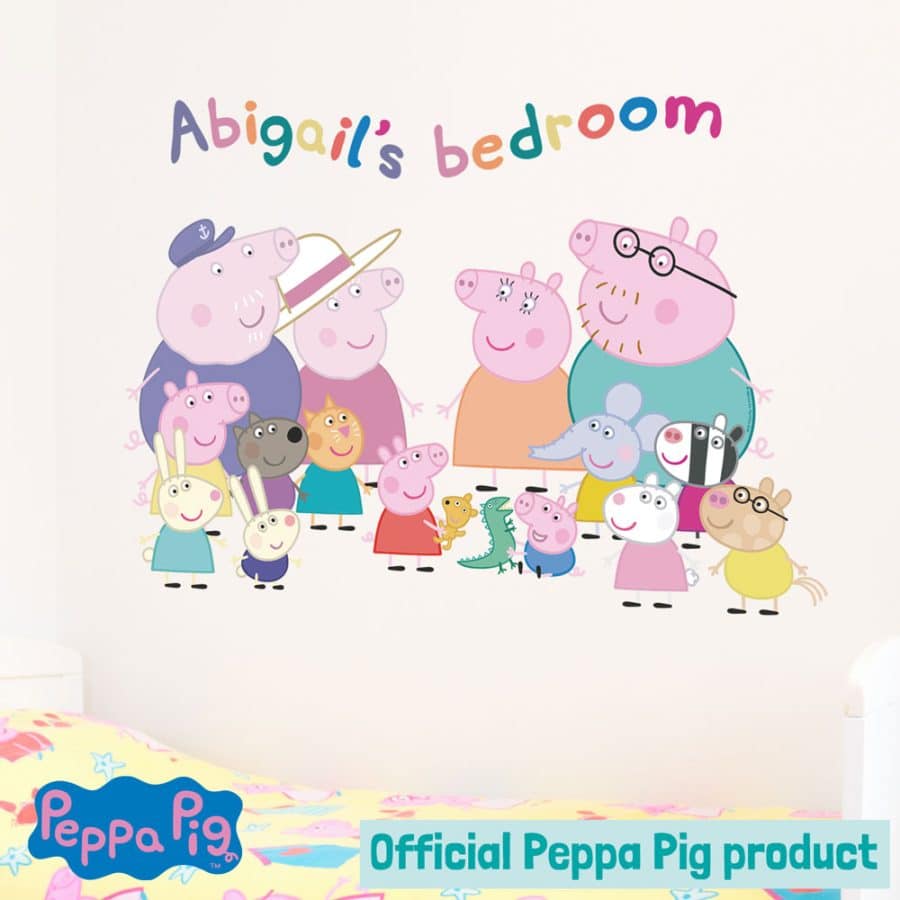 Personalised Peppa Pig Family wall sticker in large size on a child's bedroom wall