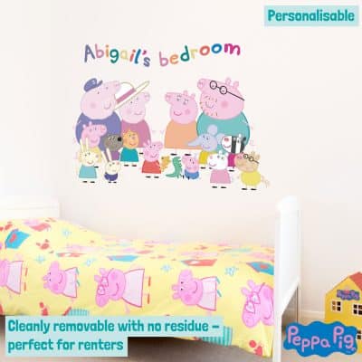 Personalised Peppa Pig Family wall sticker in large size on a child's bedroom wall
