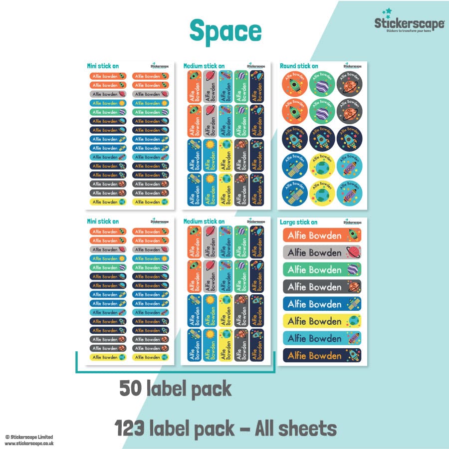 pack summary of our space stick on name labels on a white and teal background