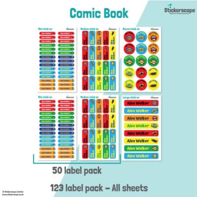 pack summary of our comic book stick on name labels on a white and teal background
