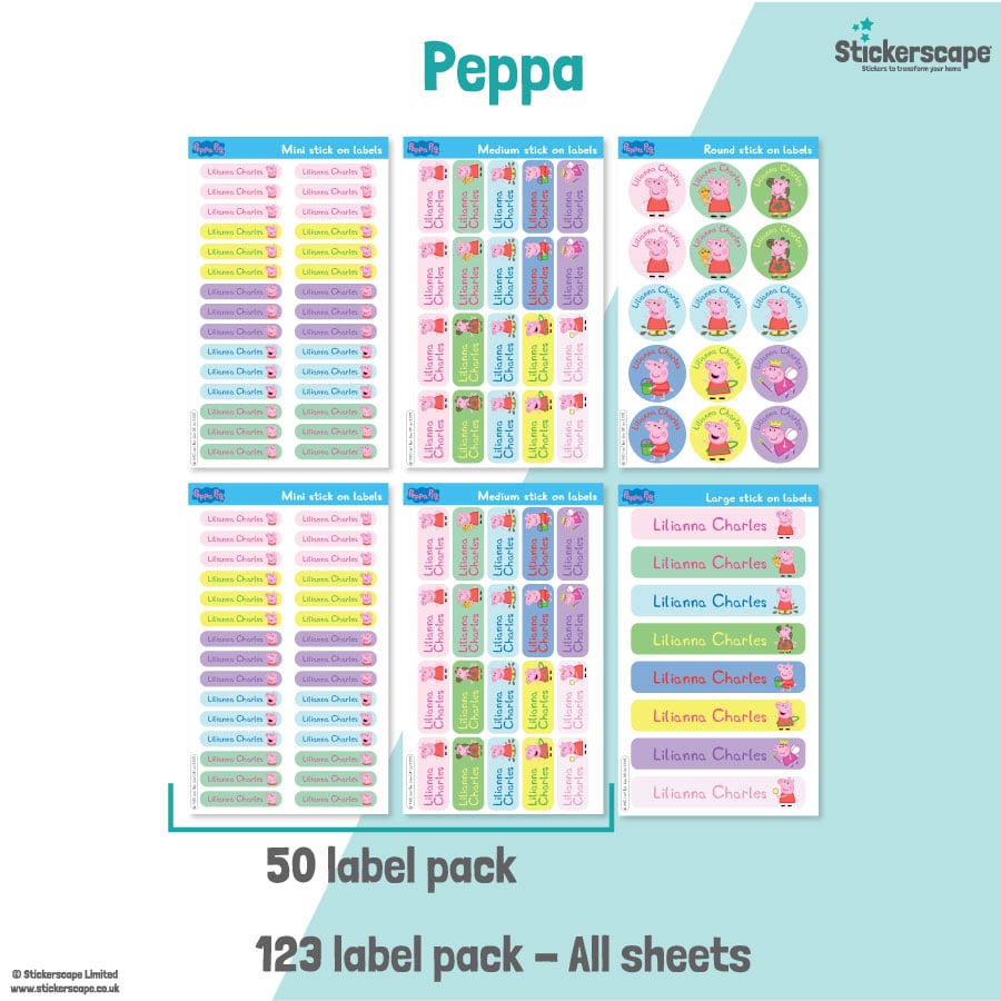 pack summary of our peppa pig stick on name labels on a white and teal background