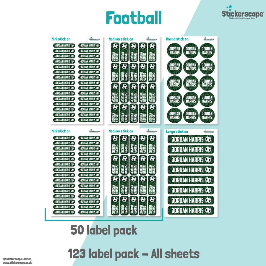 pack summary of our football stick on name labels on a white and teal background
