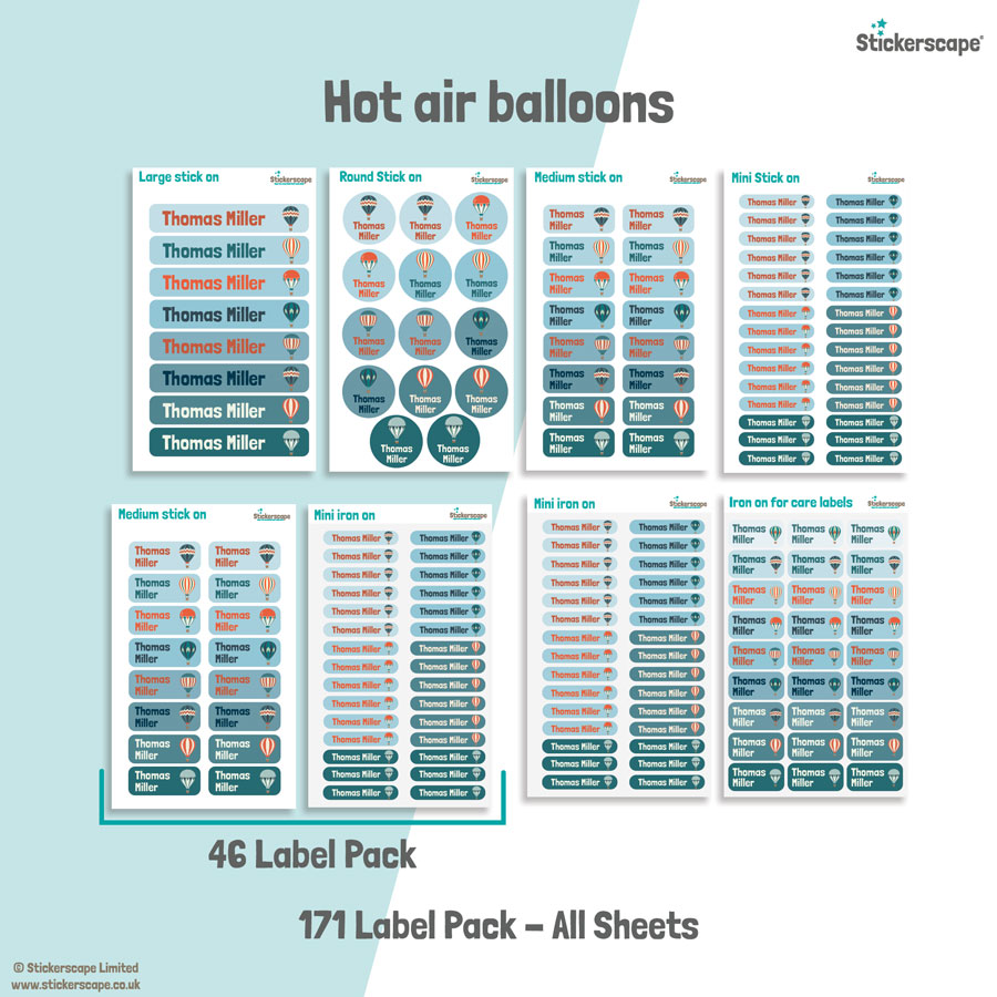 Hot air balloons school name labels mixed name label pack
