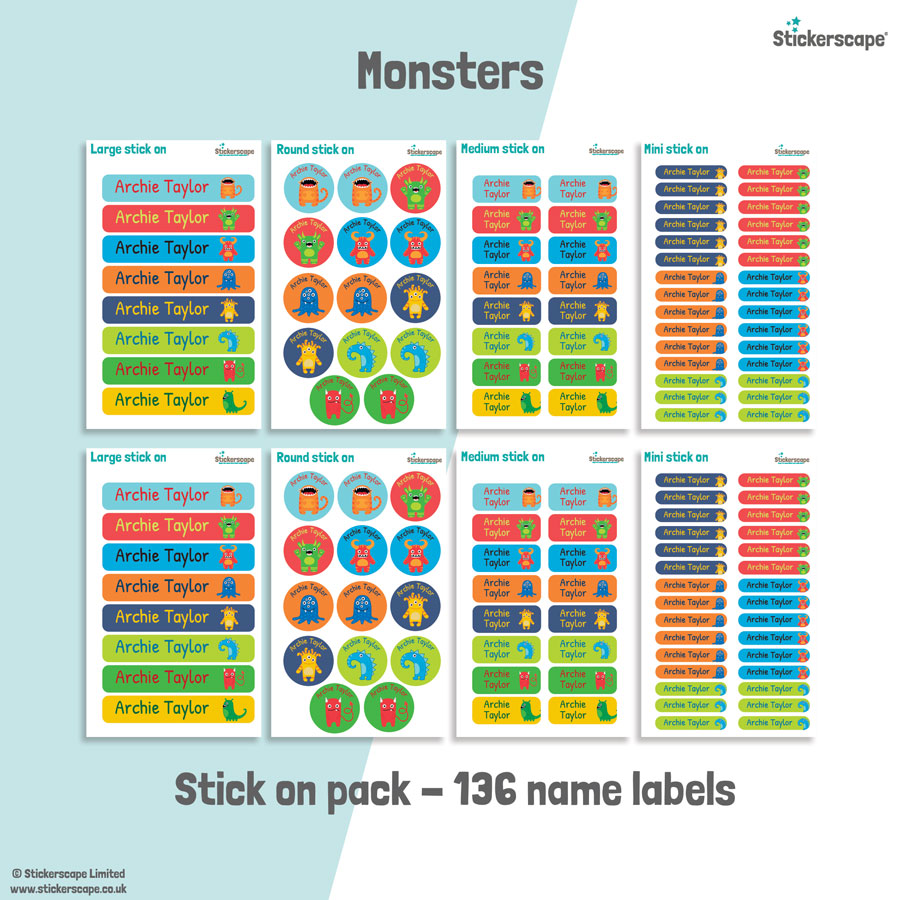 Monster school name labels stick on name label pack