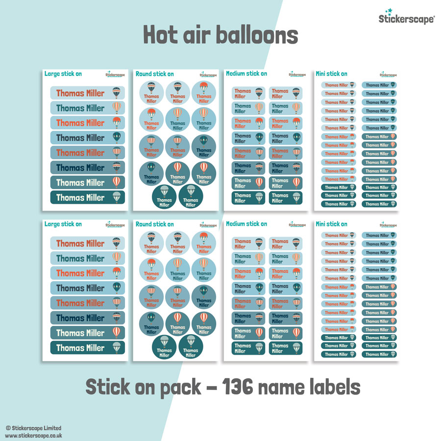 Hot air balloons school name labels stick on name label pack