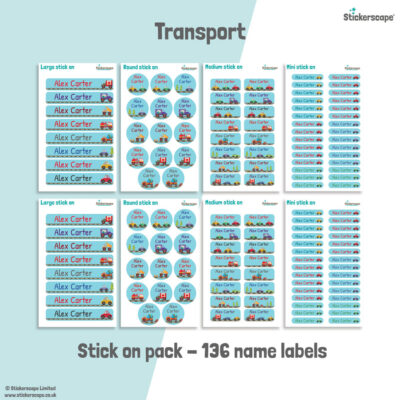 Transport school name labels stick on name label pack