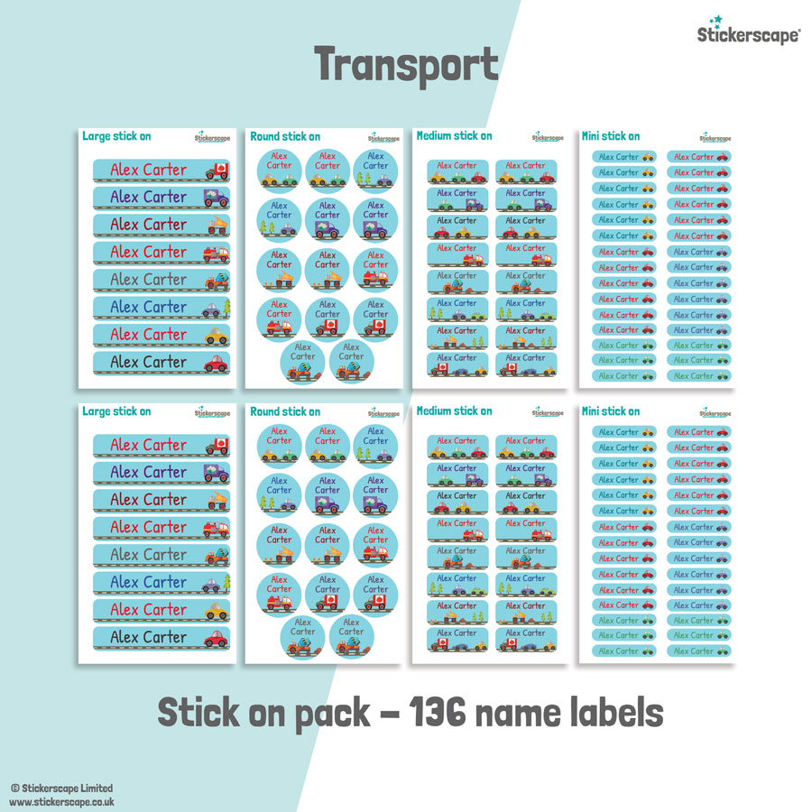 Transport school name labels stick on name label pack