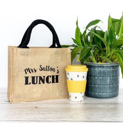 Stickerscape Lunch Bag, black text on plain jute