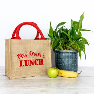 Stickerscape Lunch Bag, red text on plain jute