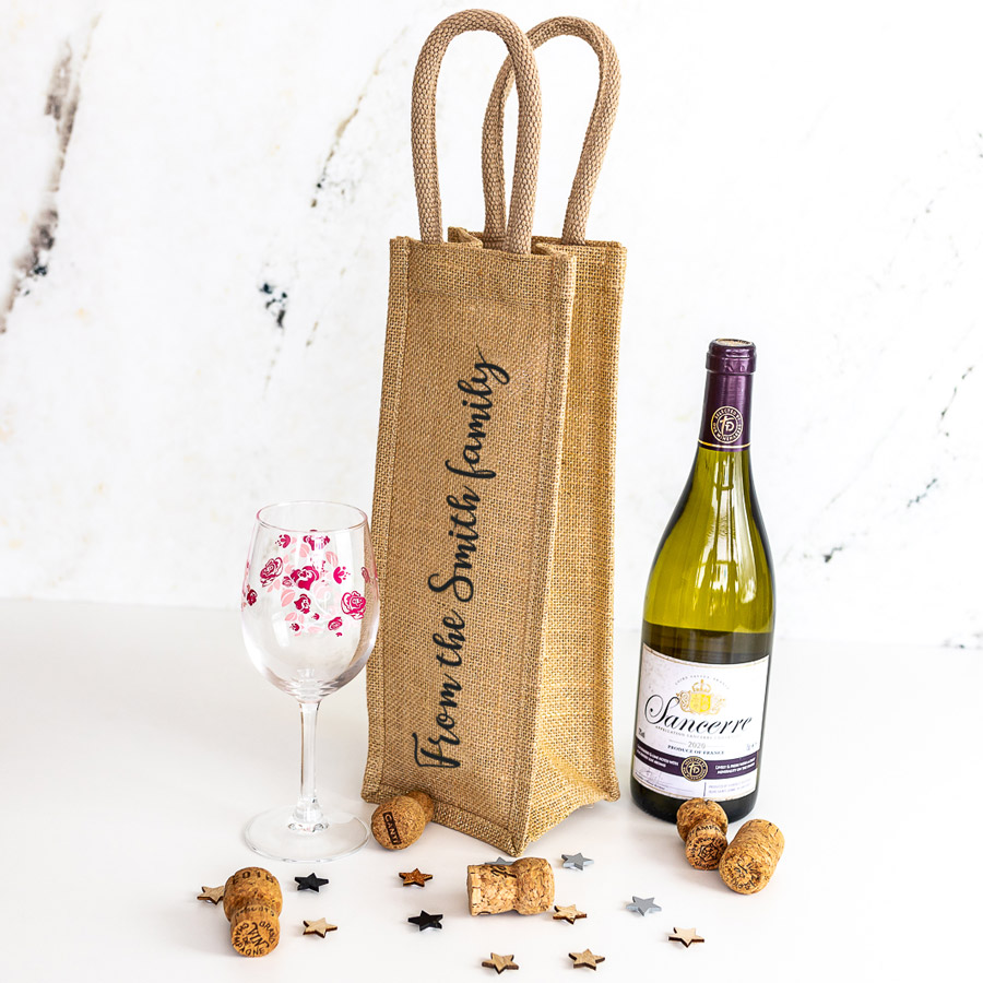 personalised family bottle bag with the text "from the Smith family"
