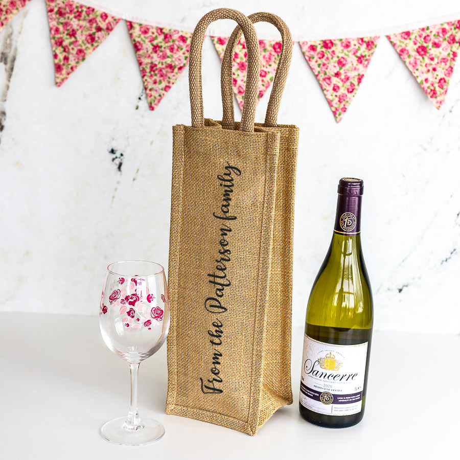 personalised family bottle bag with the text "from the Patterson family"