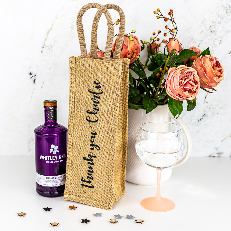 personalised thank you bottle bag with the text "thank you Charlie"