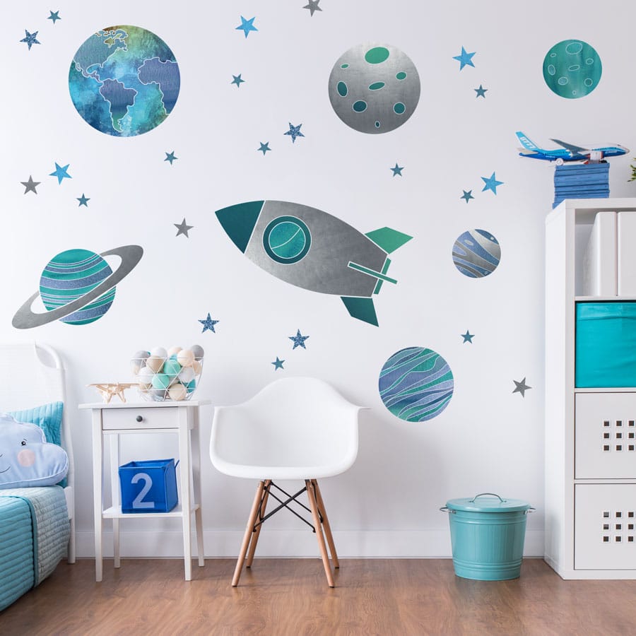 Rocket and Planets Wall Stickers large size on a white wall