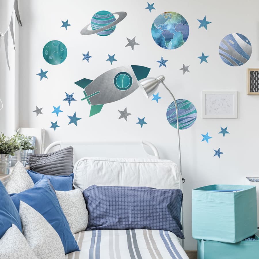 Rocket and Planets Wall Stickers regular size on a white wall