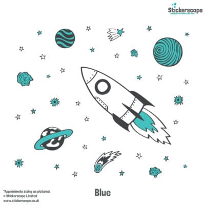 Rocket and Stars Wall Sticker Pack blue on a white background