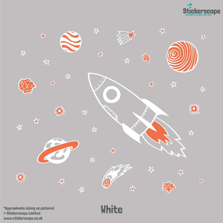 Rocket and Stars Wall Sticker Pack white on a grey background