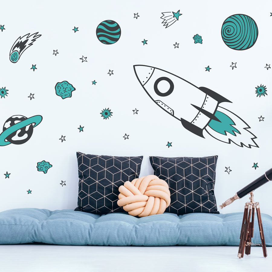 Rocket and Stars Wall Sticker Pack blue on a white wall